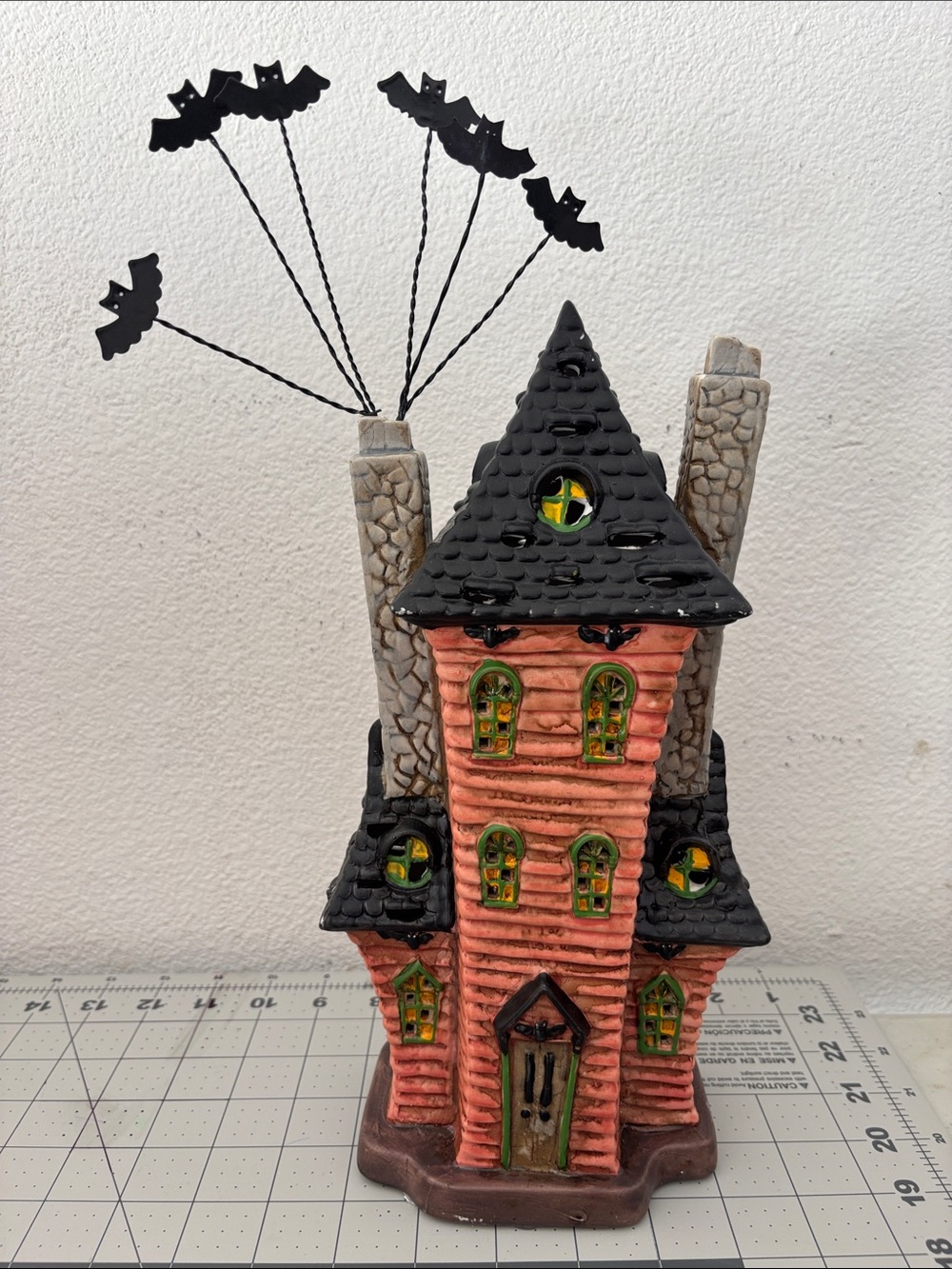 Halloween Haunted House Ceramic Decoration - Black Roof, Orange Walls